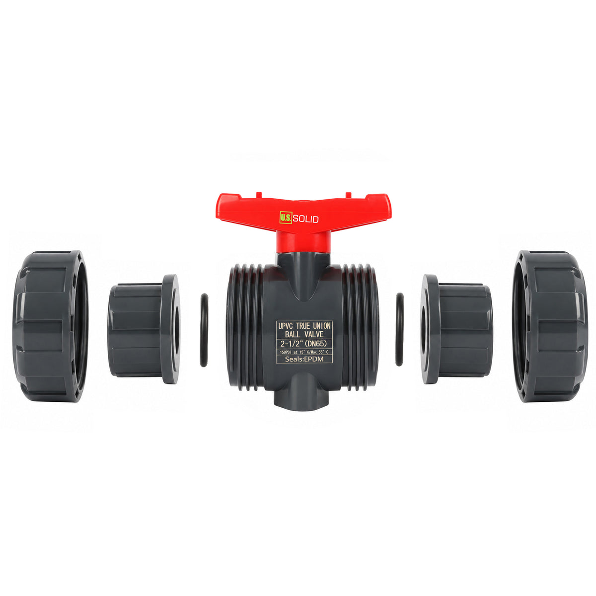 2-1/2" PVC True Union Ball Valve, Full Port, Slip Socket, Schedule 40 and 80 Compatible, 150 psi, PTFE Seat, EPDM O-Ring