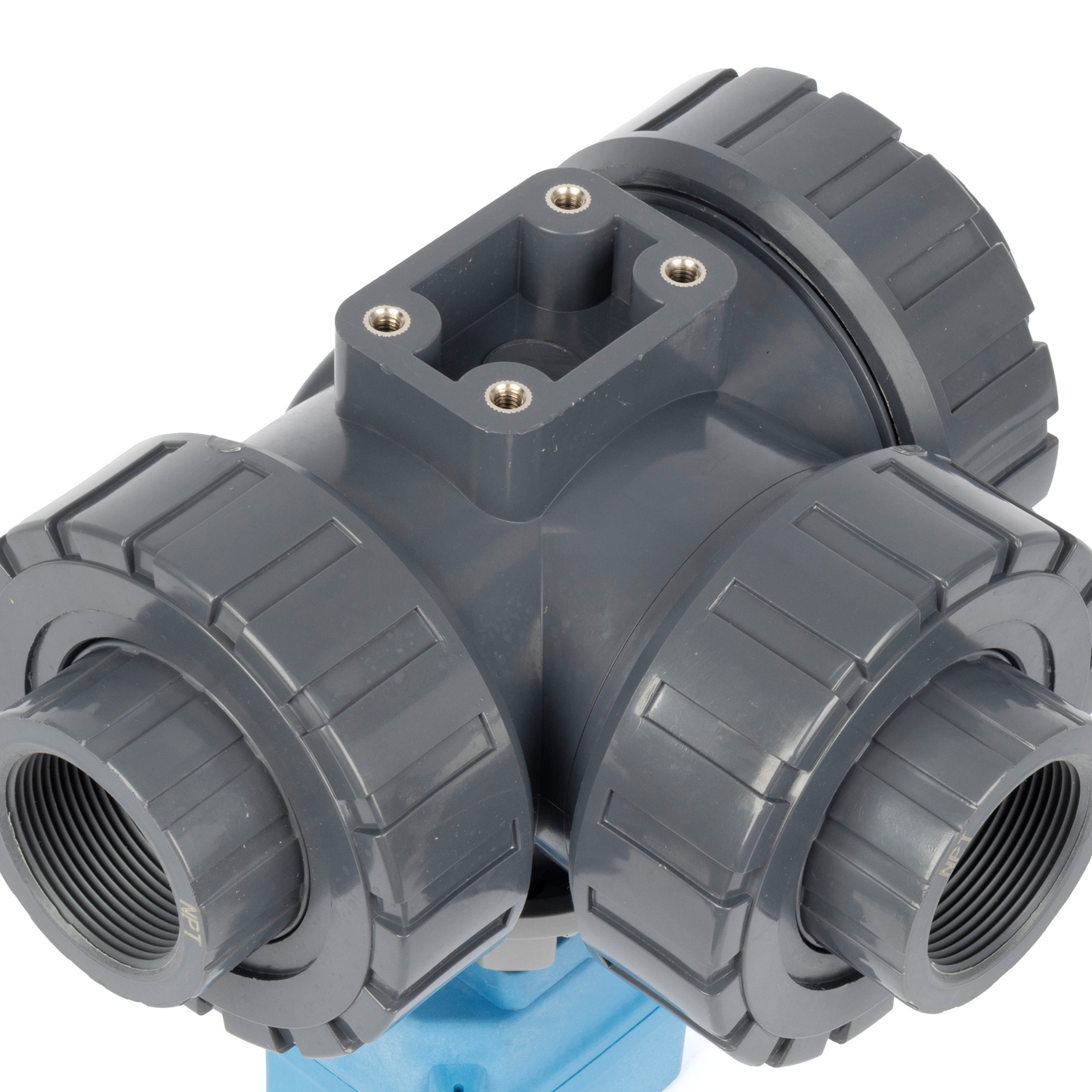 1-1/2" 3-vägs UPVC motoriserad kulventil, L-typ, 9–24V AC/DC, 2-tråds automatisk återgång, IP67 full port, normalt stängd med manuell återställning
