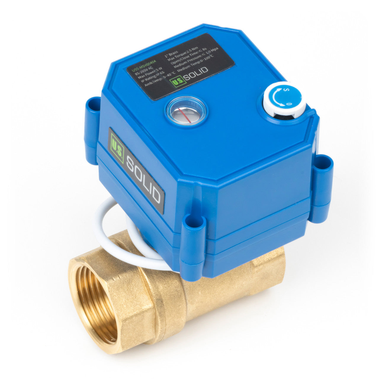 1" Motorized Ball Valve with Manual Function - 2 Wire Auto Return, Brass, 85-265V AC, Standard Port, Normally Closed