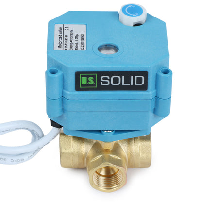 U.S. Solid 3/8" 3 Way Brass Motorized Ball Valve, 9-24V AC/DC, L Type, Standard Port, with Manual Function, IP67