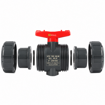 4" PVC True Union Ball Valve, Full Port, Slip Socket, Schedule 40 and 80 Compatible, 150 psi, PTFE Seat, EPDM O-Ring
