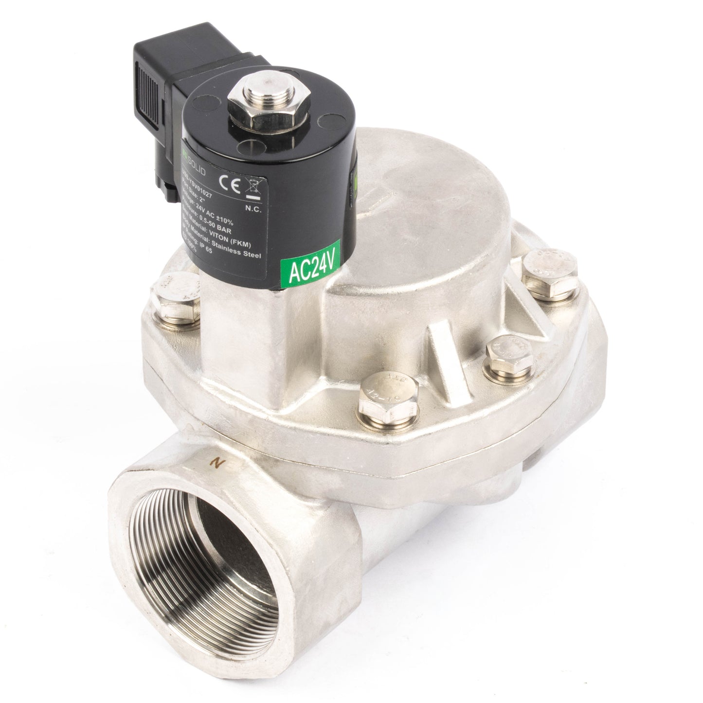 Électrovanne haute température - 50 mm (2") en acier inoxydable, 50 bar (725 PSI), 24 V CA, 150 °C (302 °F), normalement fermée, joint VITON