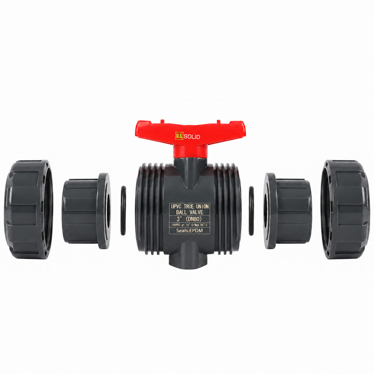 3"-PVC-Kugelhahn mit echter Verschraubung, voller Durchgang, Steckmuffe, kompatibel mit Schedule 40 und 80, 150 psi, PTFE-Dichtung, EPDM-O-Ring