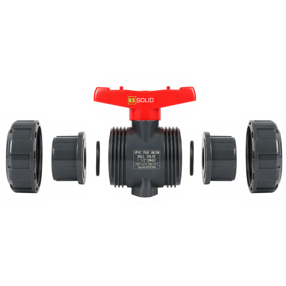Valvola a sfera True Union in PVC da 1-1/2", passaggio totale, attacco a innesto, compatibile con Schedule 40 e 80, 150 psi, sede in PTFE, O-ring in EPDM.