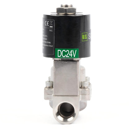 고온 솔레노이드 밸브 - 3/8인치 스테인리스강, 725 PSI, 24V DC, 302°F (150°C), 상시 닫힘, VITON 씰