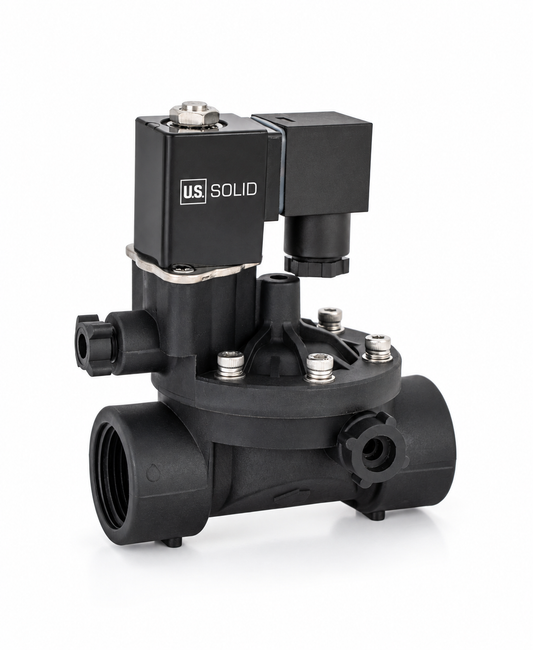 1" Plastic PA66 Solenoid Valve 12V DC 8 Bar Manual Override, Inlet Filter for Irrigation, Normally Closed