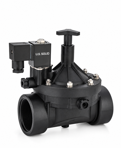 1-1/2" Plastic PA66 Solenoid Valve 12V DC 8 Bar Adjustable Flow & Manual Override, Inlet Filter for Irrigation, Normally Closed