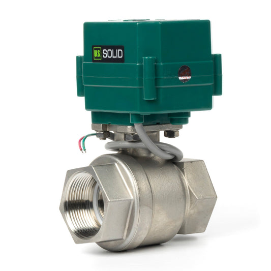 Zawór kulowy z napędem silnikowym 1-1/2" - stal nierdzewna, 3-żyłowy, elektryczny zawór kulowy 9-24 V AC/DC z pełnym przelotem, normalnie zamknięty, certyfikat NSF