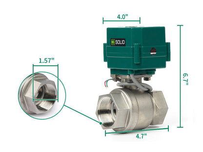 วาล์วบอลไฟฟ้าขนาด 1-1/2 นิ้ว - สแตนเลสสตีล 3 สาย, 9-24V AC/DC วาล์วบอลไฟฟ้าแบบเต็มพอร์ต, ปกติปิด, ได้รับการรับรอง NSF