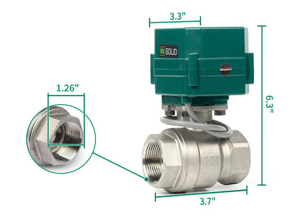 วาล์วบอลไฟฟ้าขนาด 1-1/4 นิ้ว - สแตนเลสสตีล 3 สาย, 9-24V AC/DC วาล์วบอลไฟฟ้าแบบเต็มพอร์ต, ปกติปิด, ได้รับการรับรอง NSF