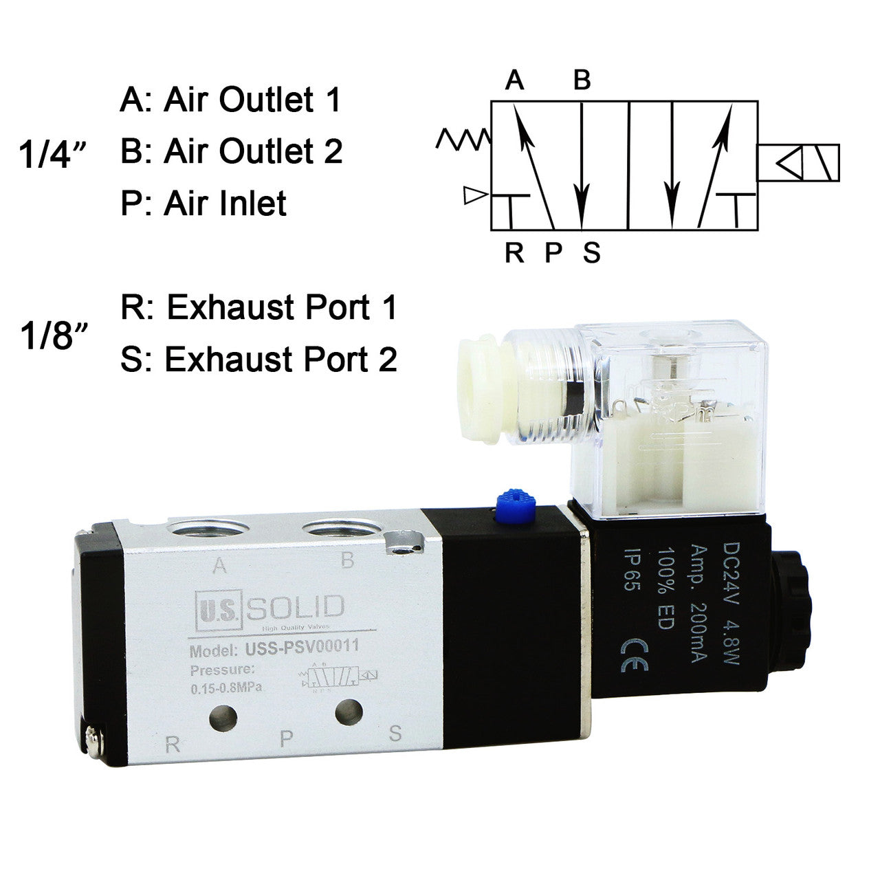 1/4" 5 Way 2 Position Pneumatic Electric Solenoid Valve AC 110 V, Normally Closed