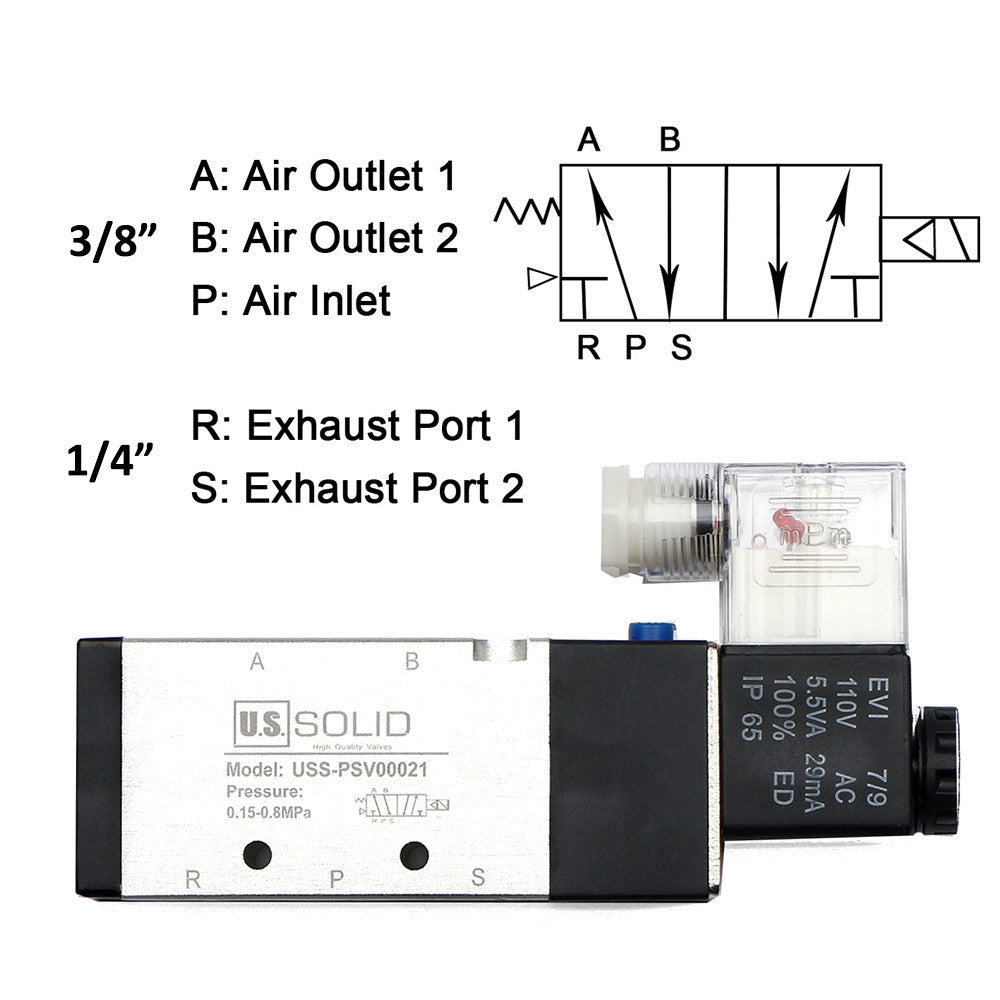 U.S. Solid 3/8" 5 Way 2 Position Pneumatic Electric Solenoid Valve AC 110 V