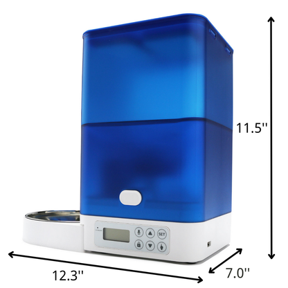 وحدة تغذية أوتوماتيكية للحيوانات الأليفة - موزع طعام للقطط والكلاب باللون الأزرق مع وعاء من الفولاذ المقاوم للصدأ ومسجل صوت وبطارية