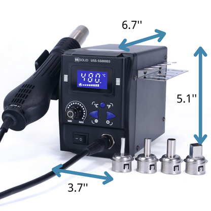 محطة إعادة العمل بالهواء الساخن الرقمية مع مفتاح درجة الحرارة 212 درجة فهرنهايت ~ 896 درجة فهرنهايت °F / °C و5 رؤوس لحام إضافية وعناصر تحكم رقمية في درجة الحرارة 700 وات من US Solid