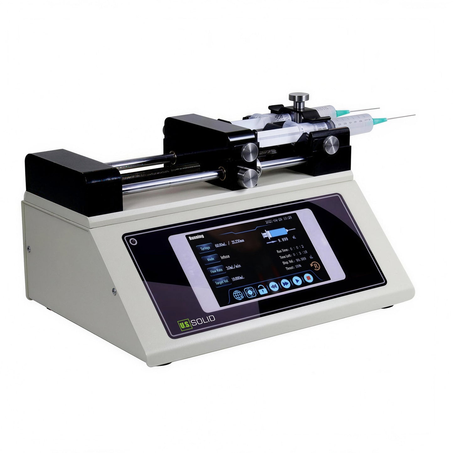 Dual-Channel Smart Syringe Pump, Infuse/Withdraw, 5-inch touch screen, Accuray ≤ ±0.1%, 0.0007 nL/min～109.1360 mL/min