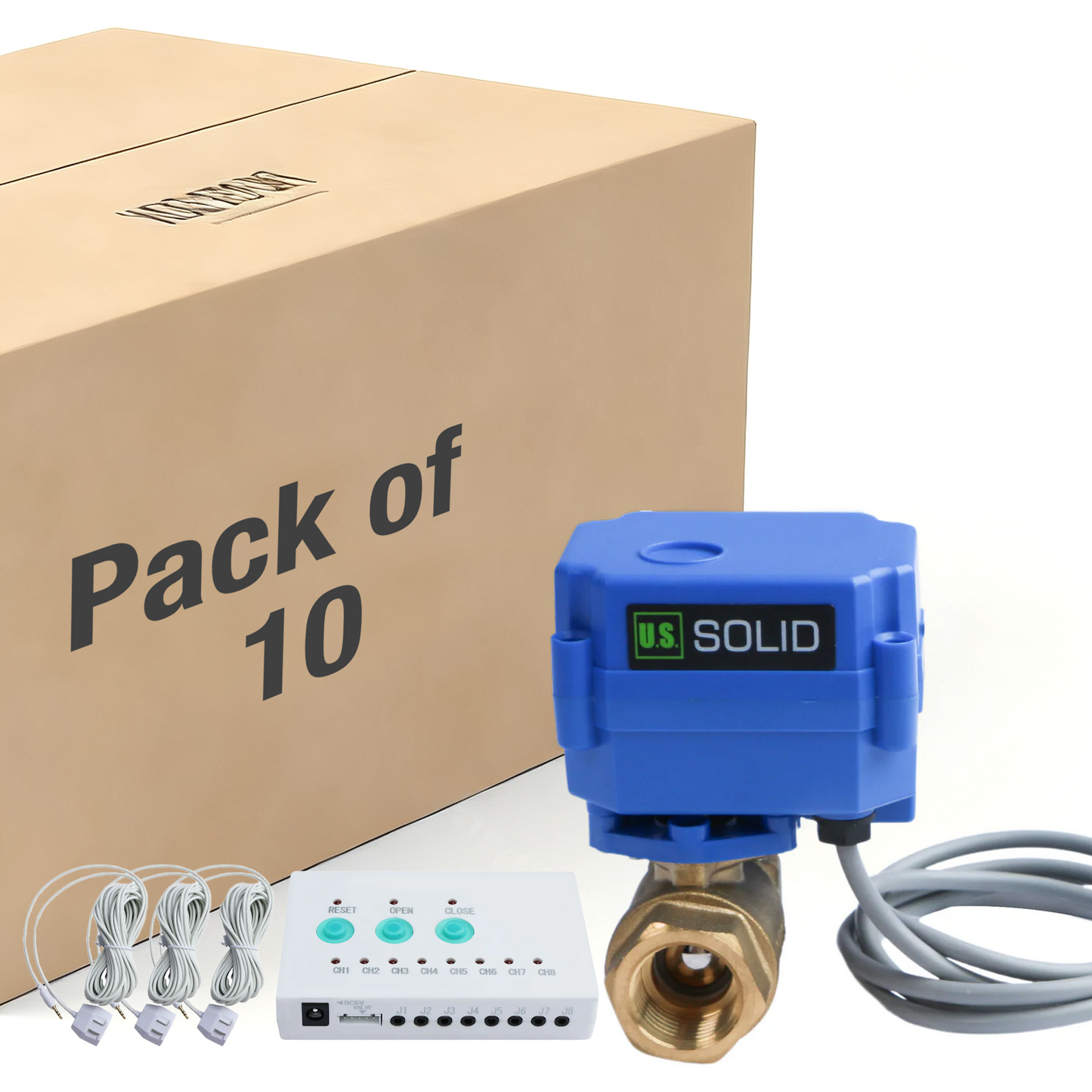 10-Pack Water Leak Detector System - 3/4" Brass Motorized Ball Valve, Controller & 3 Sensors Each