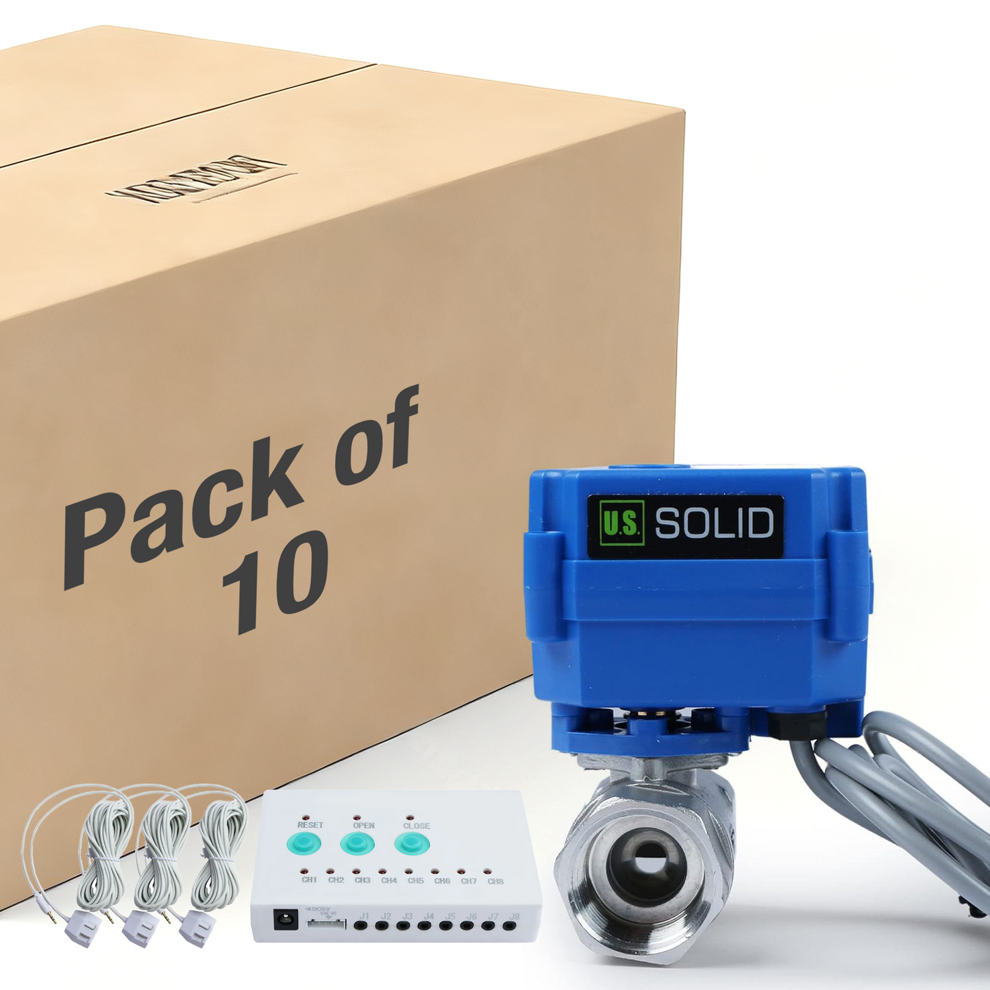 10-Pack Water Leak Detector System - 3/4" Stainless Steel Motorized Ball Valve, Controller & 3 Sensors Each