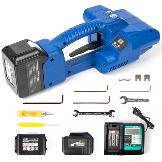 Elektrische Umreifungsmaschine für 0,35–0,63 Zoll PP-PET-Bänder – 2 x 6000 mAh batteriebetrieben und LCD-Bildschirm