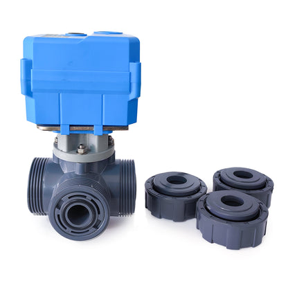 Injap Bola Bermotor 3-Cara UPVC (Jenis T2), Hujung Kesatuan & Soket, Pulangan Automatik 2 Wayar, DC 24V, dengan Penggantian Manual