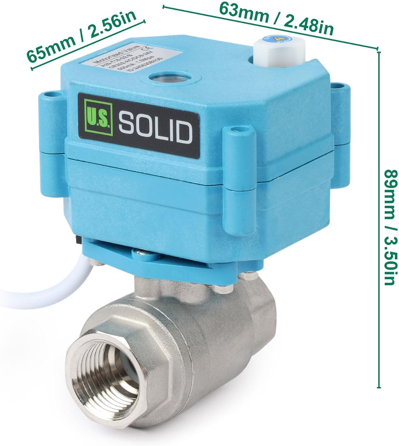 Válvula de esfera motorizada de 1/2" em aço inoxidável 316 com tampa à prova d'água, 110-230 V CA, passagem plena, IP67, retorno automático de 2 fios, normalmente fechada.