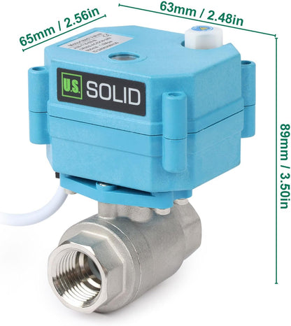 Válvula de esfera motorizada de 1/2" em aço inoxidável 316 com tampa à prova d'água, 110-230 V CA, passagem plena, IP67, retorno automático de 2 fios, normalmente fechada.