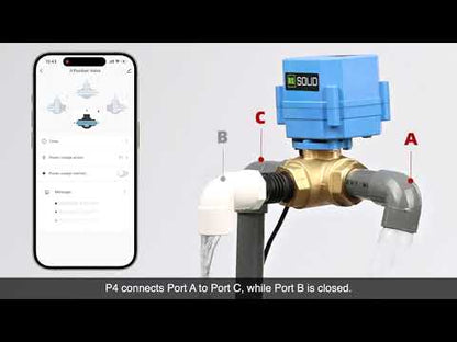 Valvola a sfera motorizzata intelligente WiFi da 1", a 3 vie e 4 posizioni, in ottone, alimentata tramite USB, con indicatore di stato a LED e finestra di direzione del flusso.