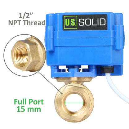 U.S. Solid Motorized Ball Valve- 1/2” Brass Electrical Ball Valve with Full Port, 9-24 V AC/DC, 2 Wire Auto Return