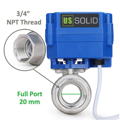 Válvula de bola motorizada sólida estadounidense: válvula de bola eléctrica de acero inoxidable de 3/4” con puerto completo, 9-24 V CA/CC, configuración de 3 cables 