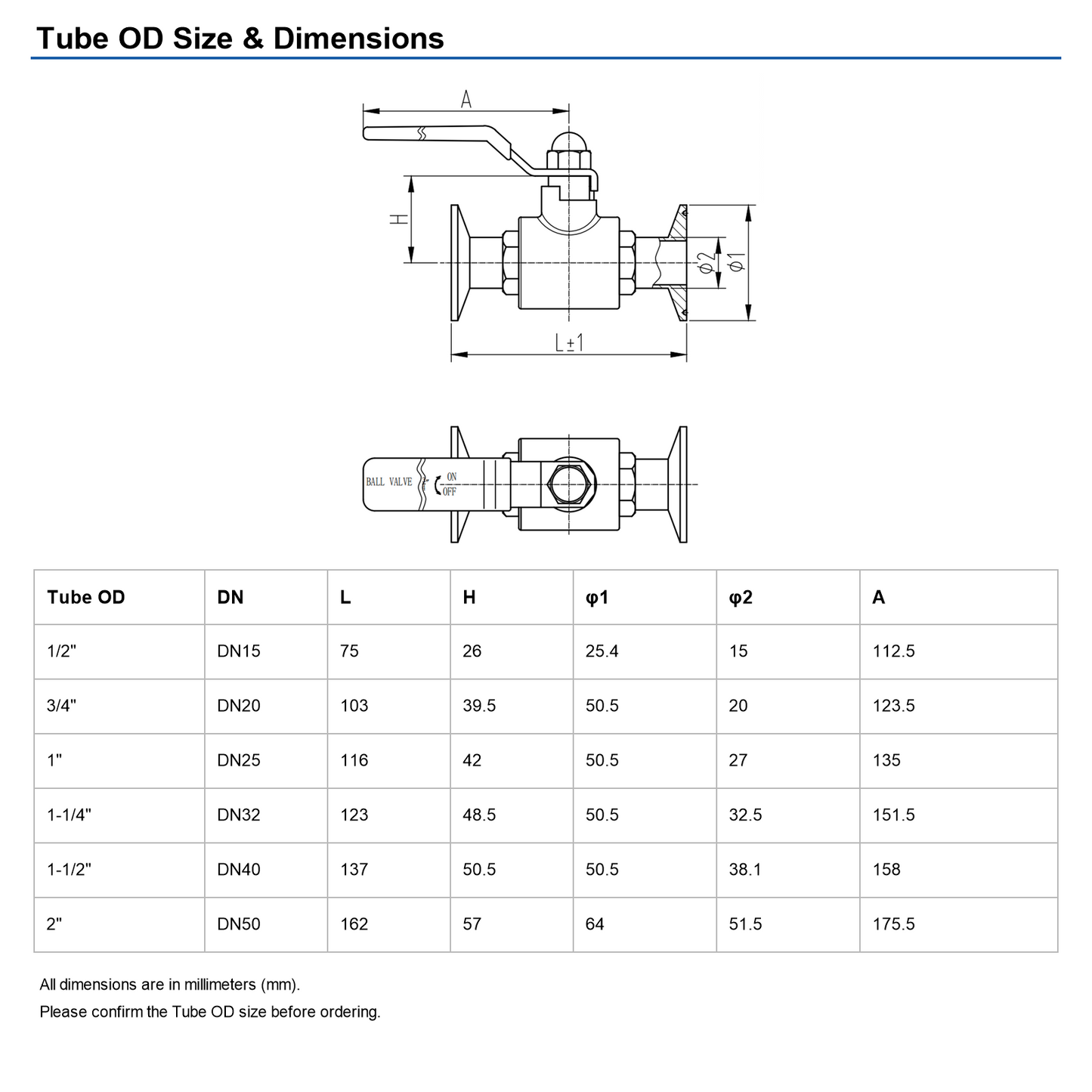 2" Tri Clamp Ball Valve 304 Stainless Steel (2" Tube OD) with 2 Silicone Gaskets