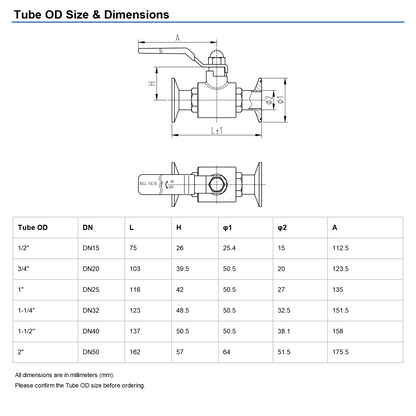 2" Tri Clamp Ball Valve 304 Stainless Steel (2" Tube OD) with 2 Silicone Gaskets